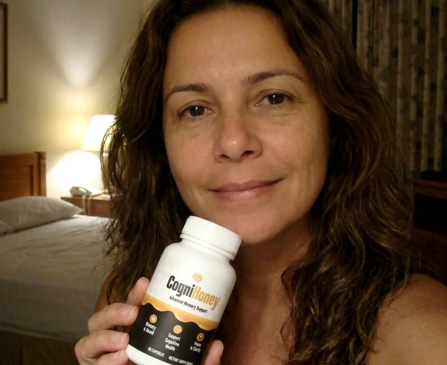 Margaret R. at home holding her CogniHoney bottle