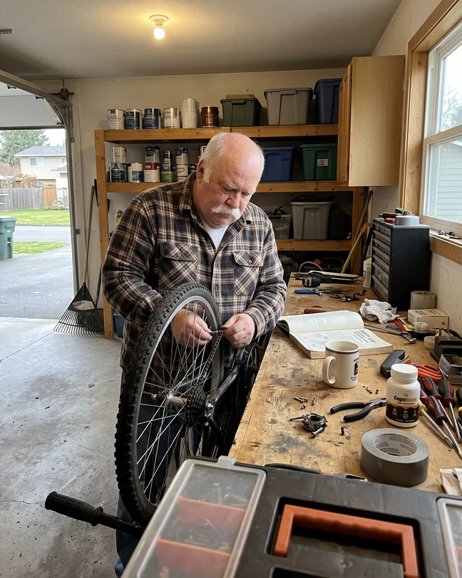 Arthur, 69, putting a bike chain back on in the garage, his CogniHoney bottle on the workbench