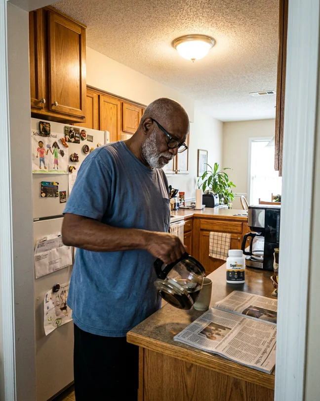 Walter, 71, re-labelling a storage box in the hall closet, his CogniHoney bottle on the table nearby
